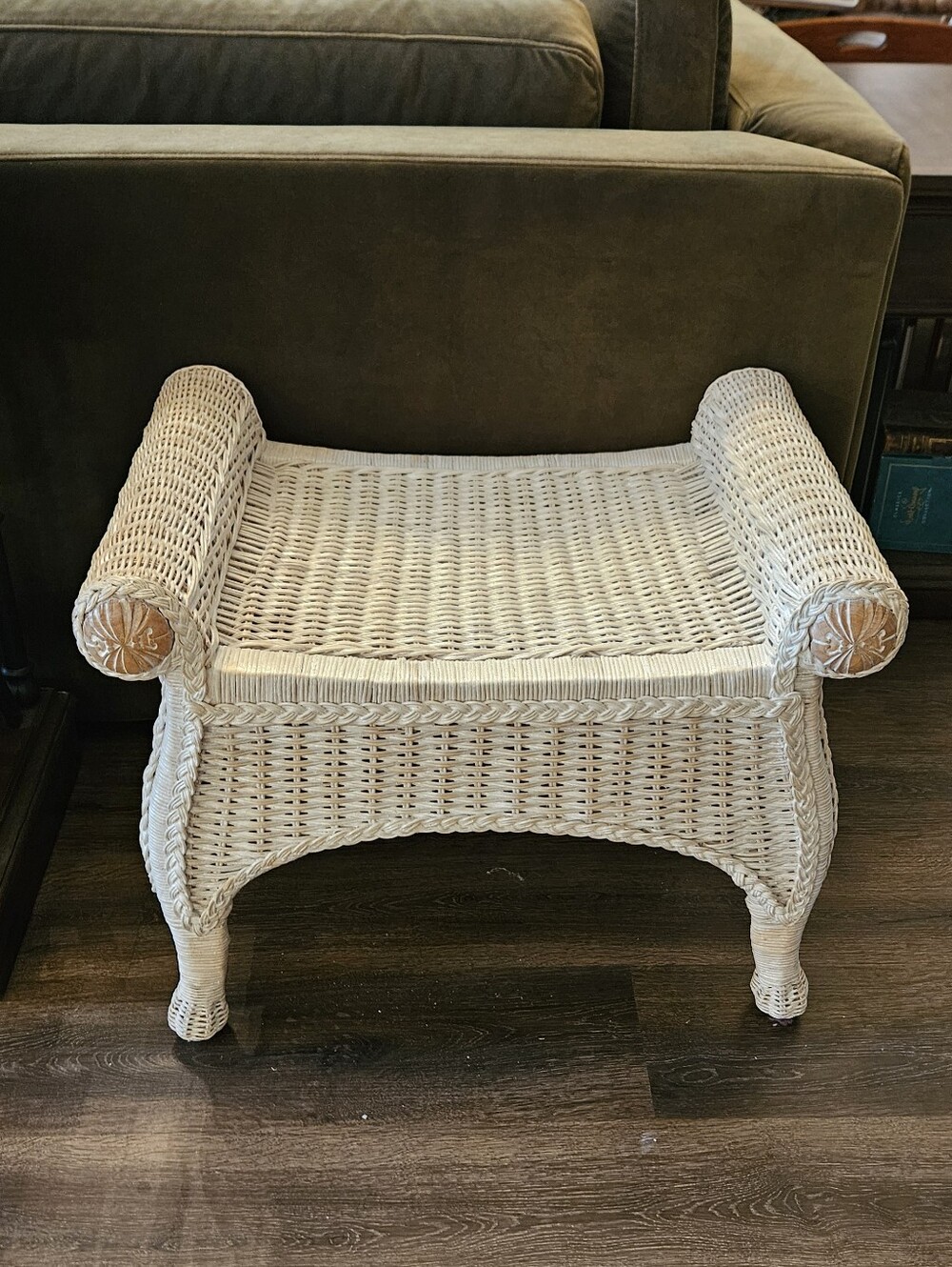 Pier 1 white wicker rattan vanity bench with carved wood details scroll arms